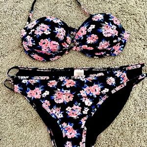 Two piece padded black swimsuit with flowers